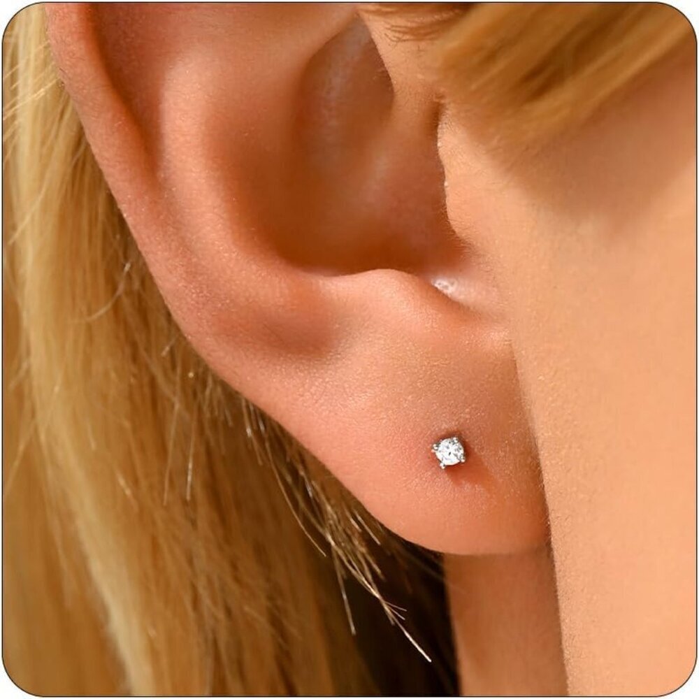 White Gold 2mm Cubic Zirconia Dainty Stud Earrings with Push Backs, Hypoallergen